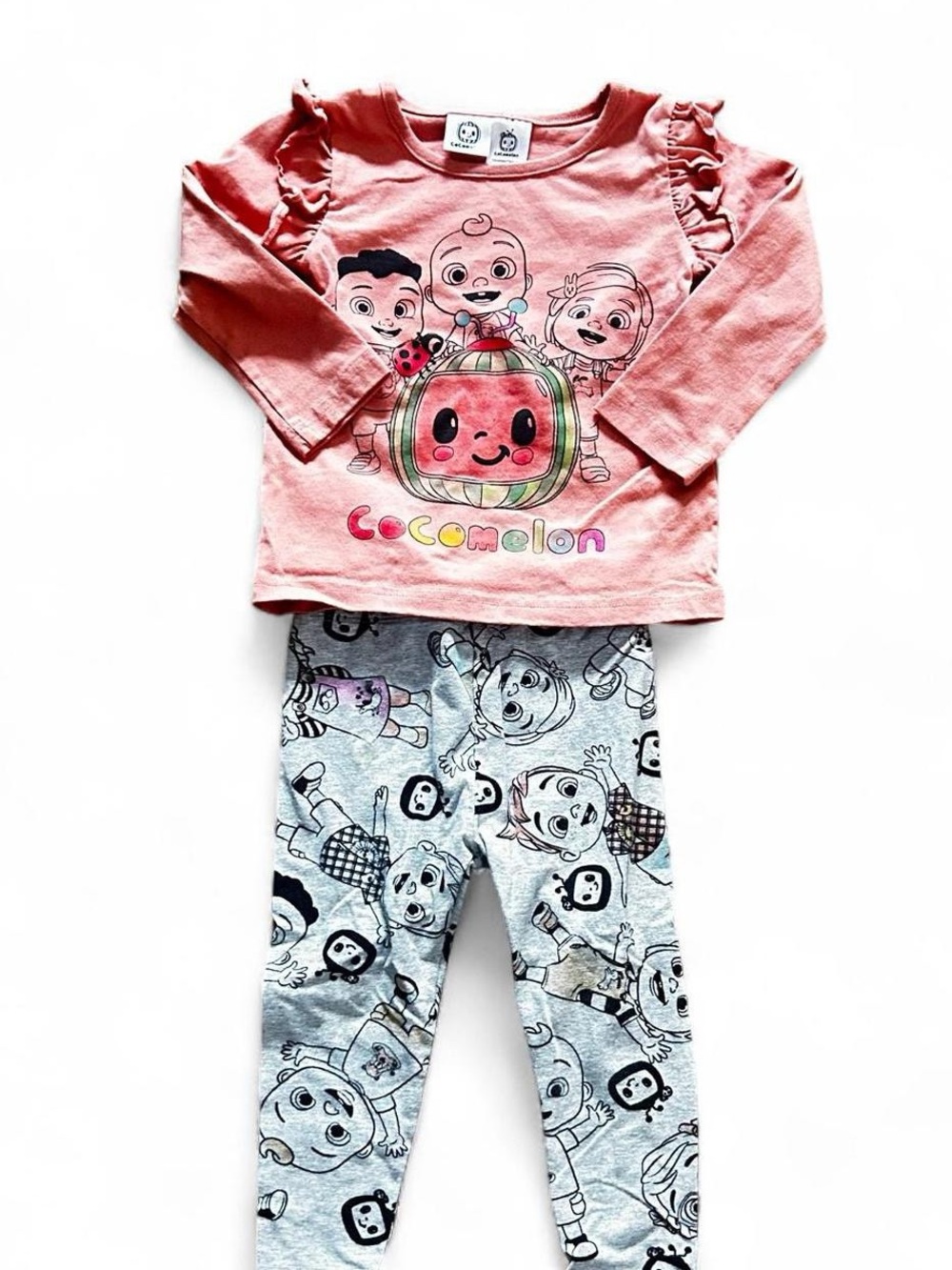 Cocomelon Pink sweatshirt Top and Gray Leggings Set for toddler girls